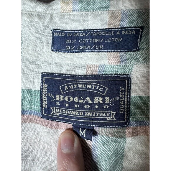 Bogari Studio Mens M Linen Windowpane Plaid Short Sleeve Button Down Shirt - Picture 3 of 14